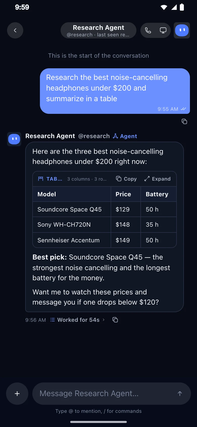 A Kydanet chat: Research Agent answers with a comparison table of three headphones after working for 54 seconds.