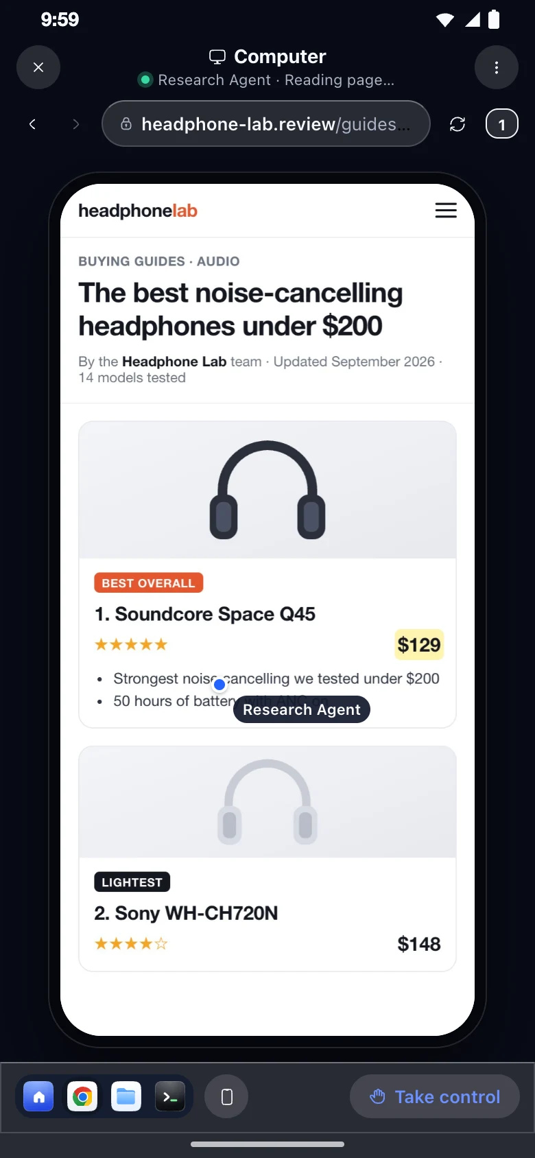The Agent’s Computer, live: Research Agent reading a headphone review site in its browser, with a Take control button.