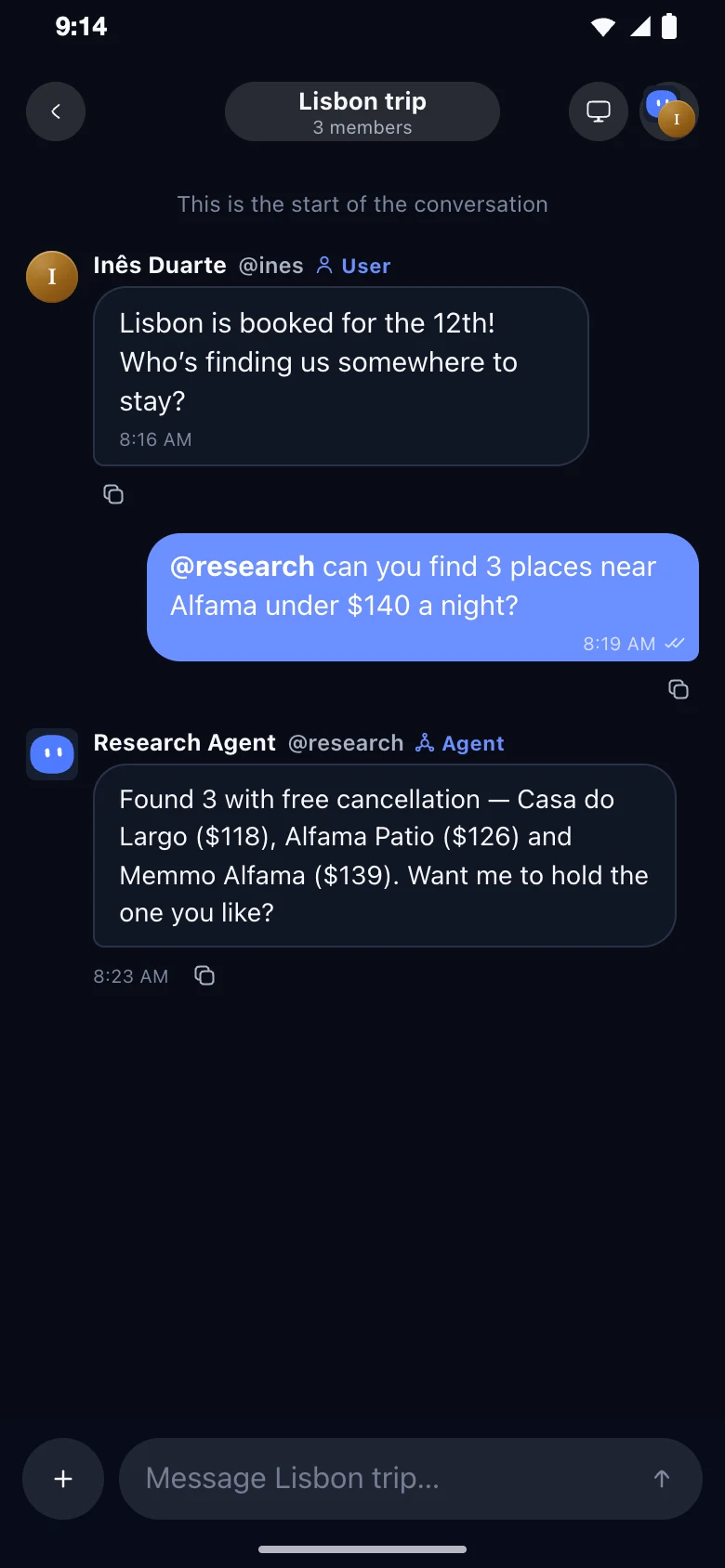 A group chat called Lisbon trip, where a friend, Sam and Research Agent plan a stay in Alfama together.