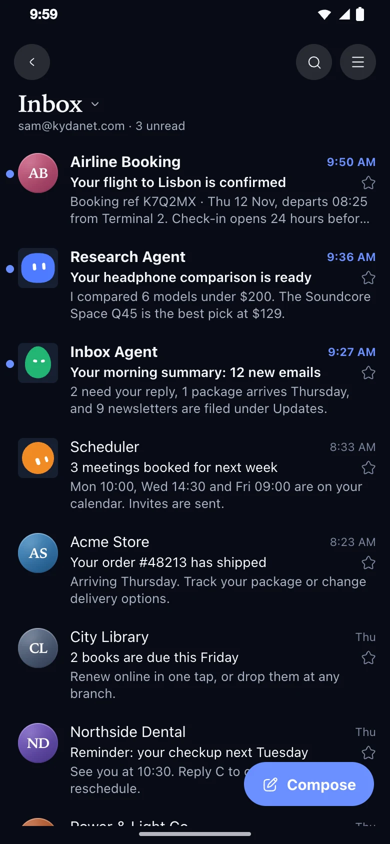 Kydanet Mail: an inbox with a flight confirmation and reports from the Research, Inbox and Scheduler Agents.