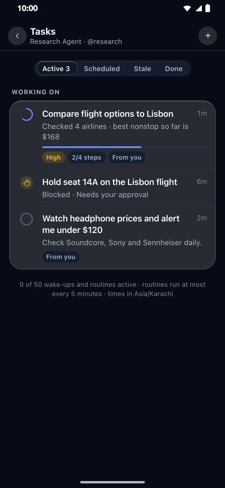 An Agent’s Tasks: comparing flights at 2 of 4 steps, a seat hold waiting for approval, and a price watch.
